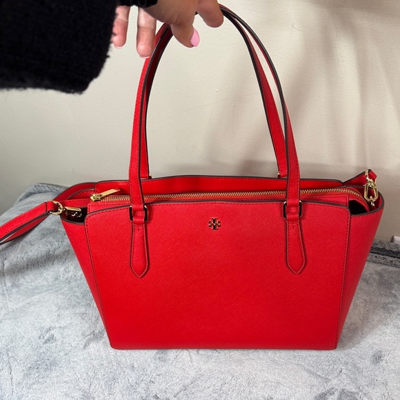 Tory Burch Handbags - Tory Burch Emerson Small Top Zip Tote Handbag in Brilliant Red Saffiano Leather